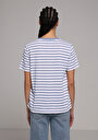 thumb-Regular Fit Yuvarlak Yaka Çizgili Kadın Mavi Kısa Kol Tişört