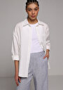 thumb-Boyfriend Fit Shirt Neck Düz Kadın Beyaz Uzun Kol Gömlek