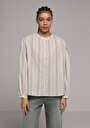 thumb-Fashion Fit Hakim Yaka Çizgili Kadın Bej Uzun Kol Gömlek