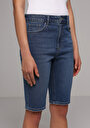 thumb-Slim Fit Yüksel Bel Düz Kadın Mid İndigo Denim Jean Şort