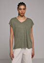 thumb-Regular Fit V Yaka Düz Kadın Yeşil Kısa Kol Tişört