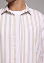 thumb-Regular Fit Shirt Neck Çizgili Erkek Bej Uzun Kol Gömlek