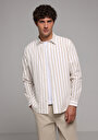 thumb-Regular Fit Shirt Neck Çizgili Erkek Bej Uzun Kol Gömlek