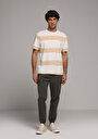 thumb-Comfort Fit Yuvarlak Yaka Çizgili Erkek Bej Kısa Kol Tişört
