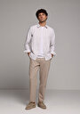 thumb-Regular Fit Shirt Neck Çizgili Erkek Bej Uzun Kol Gömlek