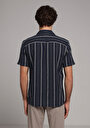 thumb-Regular Fit Shirt Neck Çizgili Erkek Lacivert Kısa Kol Gömlek