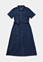 thumb-Regular Fit Düz Kadın Dark İndigo Denim Kısa Kol Elbise