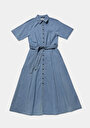 thumb-Regular Fit Düz Kadın Light İndigo Denim Kısa Kol Elbise