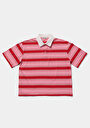 thumb-Regular Fit Polo Yaka Çizgili Kadın Kirmizi Kısa Kol Tişört