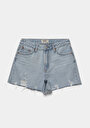 thumb-Mom Fit Orta Bel Düz Kadın Bleach İndigo Denim Jean Şort