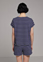 thumb-Regular Fit Yuvarlak Yaka Çizgili Kadın Lacivert Kısa Kol Tişört