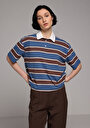 thumb-Regular Fit Polo Yaka Çizgili Kadın Lacivert Kısa Kol Tişört