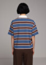 thumb-Regular Fit Polo Yaka Çizgili Kadın Lacivert Kısa Kol Tişört