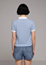 thumb-Slim Fit Polo Yaka Çizgili Kadın Mavi Kısa Kol Tişört