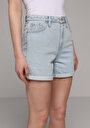 thumb-Mom Fit Yüksel Bel Düz Kadın Bleach İndigo Denim Jean Şort