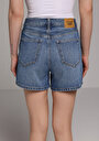 thumb-Mom Fit Yüksel Bel Düz Kadın Mid İndigo Denim Jean Şort