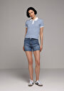 thumb-Mom Fit Yüksel Bel Düz Kadın Mid İndigo Denim Jean Şort