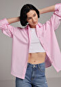 thumb-Boyfriend Fit Shirt Neck Düz Kadın Pembe Uzun Kol Gömlek