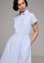 thumb-Regular Fit Çizgili Kadın Mavi Kısa Kol Elbise