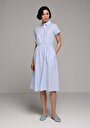 thumb-Regular Fit Çizgili Kadın Mavi Kısa Kol Elbise
