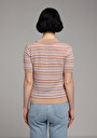 thumb-Slim Fit Polo Yaka Çizgili Kadın Bej Kısa Kol Kazak
