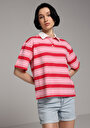 thumb-Regular Fit Polo Yaka Çizgili Kadın Kirmizi Kısa Kol Tişört