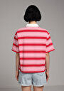 thumb-Regular Fit Polo Yaka Çizgili Kadın Kirmizi Kısa Kol Tişört