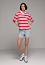 thumb-Regular Fit Polo Yaka Çizgili Kadın Kirmizi Kısa Kol Tişört