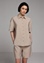 thumb-Fashion Fit Shirt Neck Düz Kadın Açik Kahverengi Kısa Kol Gömlek