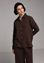 thumb-Regular Fit Shirt Neck Düz Kadın Kahverengi Kısa Kol Gömlek