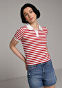thumb-Slim Fit Polo Yaka Çizgili Kadın Kirmizi Kısa Kol Tişört