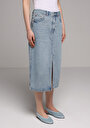 thumb-Regular Fit Düz Fermuarlı Kadın Light İndigo Denim Etek
