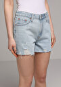 thumb-Mom Fit Orta Bel Düz Kadın Bleach İndigo Denim Jean Şort