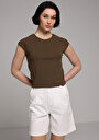 thumb-Slim Fit Kayık Yaka Düz Kadın Kahverengi Kısa Kol Tişört