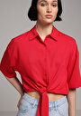 thumb-Fashion Fit Shirt Neck Düz Kadın Kirmizi Kısa Kol Gömlek
