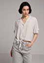 thumb-Fashion Fit Shirt Neck Çizgili Kadın Yeşil Kısa Kol Gömlek