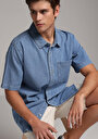 thumb-Regular Fit Klasik Yaka Düz Erkek Light İndigo Denim Kısa Kol Gömlek