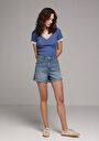 thumb-Mom Fit Orta Bel Düz Kadın Light İndigo Denim Jean Şort
