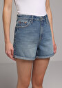 thumb-Mom Fit Orta Bel Düz Kadın Light İndigo Denim Jean Şort