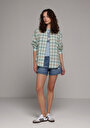 thumb-Boyfriend Fit Shirt Neck Ekoseli Kadın Yeşil Uzun Kol Gömlek