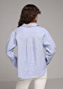 thumb-Fashion Fit Shirt Neck Çizgili Kadın Mavi Uzun Kol Gömlek