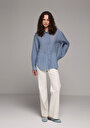 thumb-Oversize Fit Shirt Neck Düz Kadın Mavi Uzun Kol Gömlek