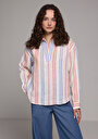 thumb-Fashion Fit Shirt Neck Çizgili Kadın Çok Renkli Uzun Kol Gömlek