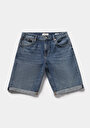 thumb-Straight Fit Düşük Bel Düz Erkek Mid İndigo Denim Jean Şort