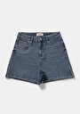 thumb-Regular Fit Yüksel Bel Düz Kadın Light İndigo Denim Jean Şort