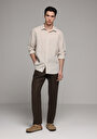 thumb-Regular Fit Shirt Neck Düz Erkek Bej Uzun Kol Gömlek