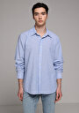 thumb-Regular Fit Shirt Neck Çizgili Erkek Mavi Uzun Kol Gömlek