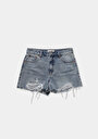 thumb-Mom Fit Yüksel Bel Düz Kadın Light İndigo Denim Jean Şort