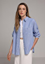 thumb-Boyfriend Fit Shirt Neck Çizgili Kadın Mavi Uzun Kol Gömlek