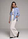 thumb-Boyfriend Fit Shirt Neck Çizgili Kadın Mavi Uzun Kol Gömlek
